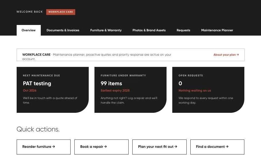 Client portal overview screen showing warranty and maintenance summary