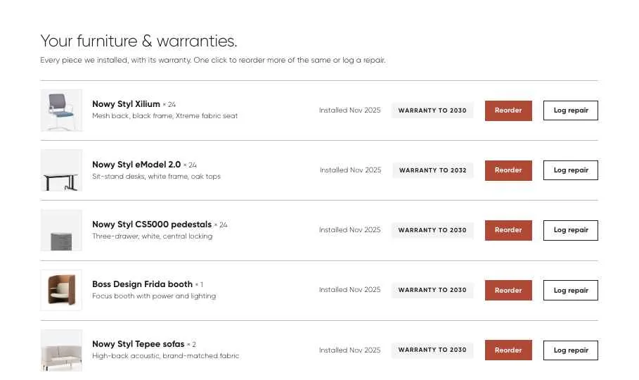 Furniture and warranty register in the client portal