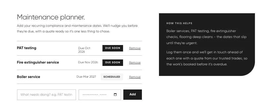 Maintenance planner in the client portal