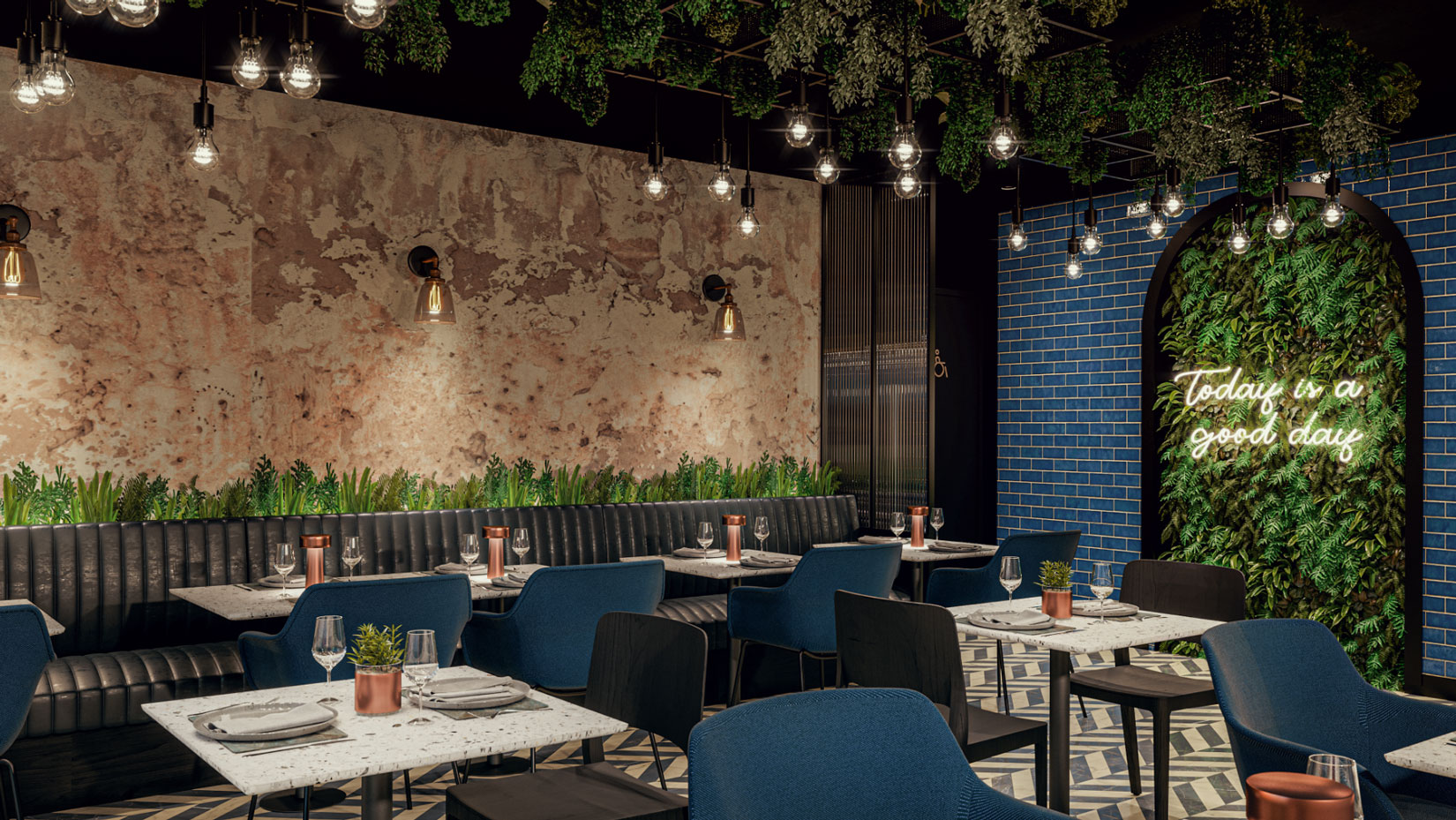 Modern cafe 3d visual with exposed plaster wall and blue fabric seating.