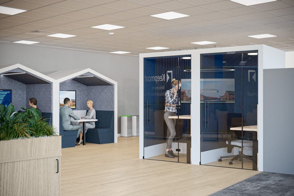 Concept visual of glazed work booths and house-shaped meeting pods for Keepmoat in Northampton