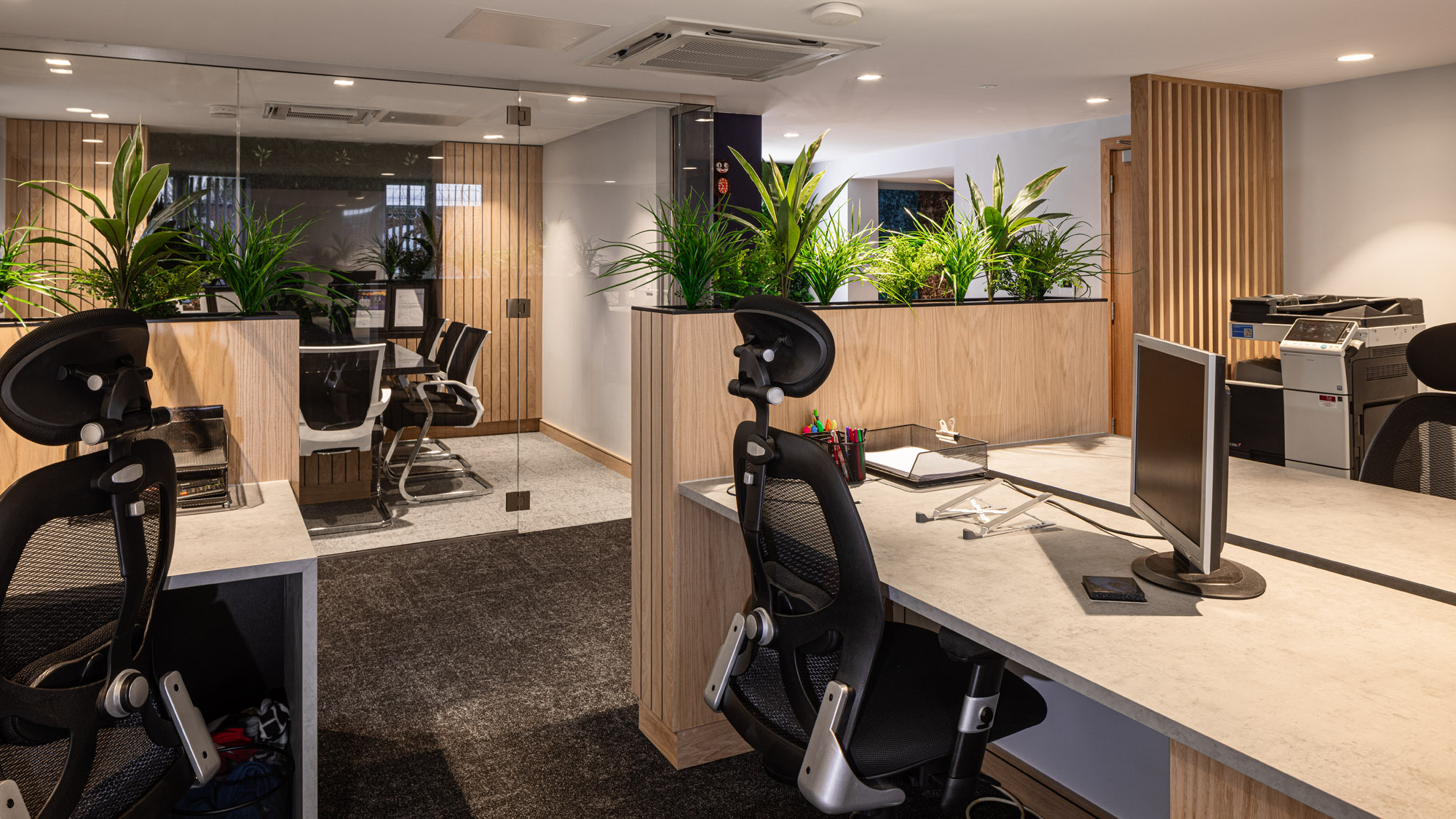 Feature lighting and panelling detail in the executive box