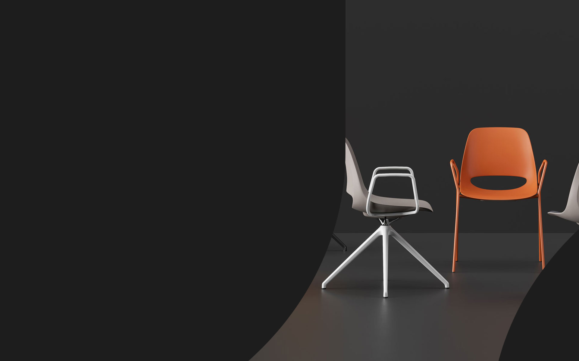 Two task chairs, one white and one orange, photographed against a dark studio background