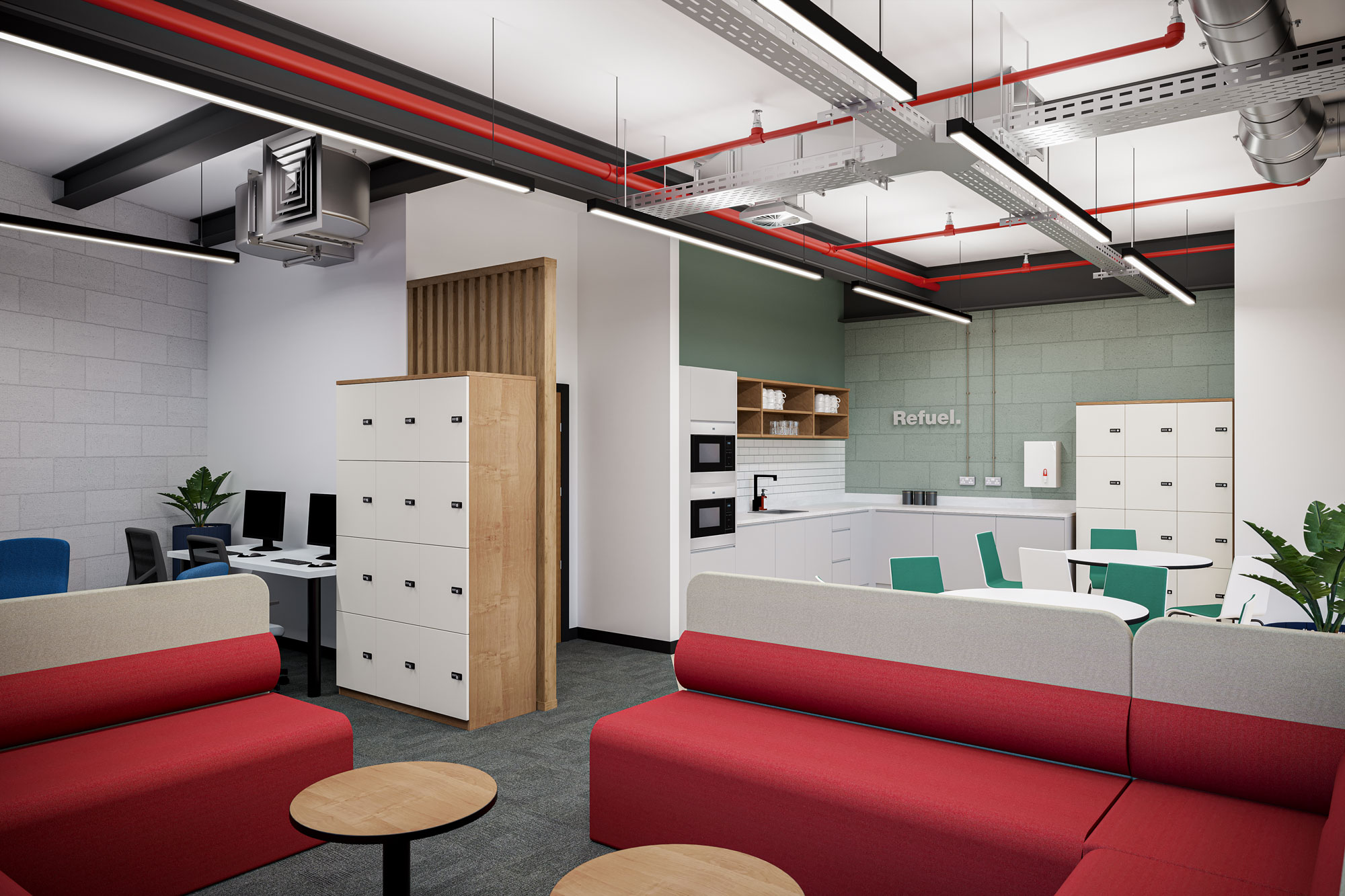 3D visual of a modern staff room