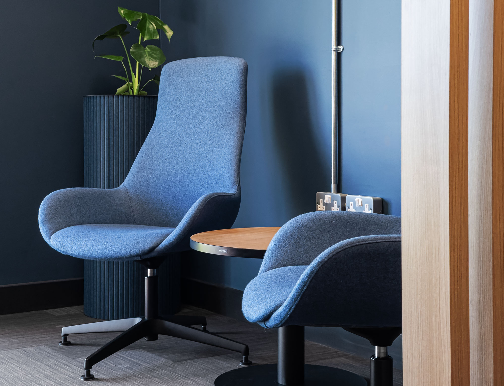 Comfy breakout seating in blue fabric