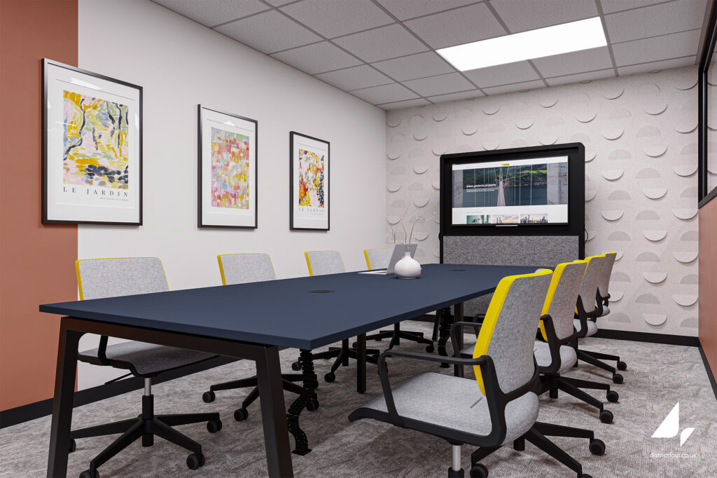 Concept visual of a meeting room for Jotun in Newcastle, with a navy table, grey chairs and framed abstract prints