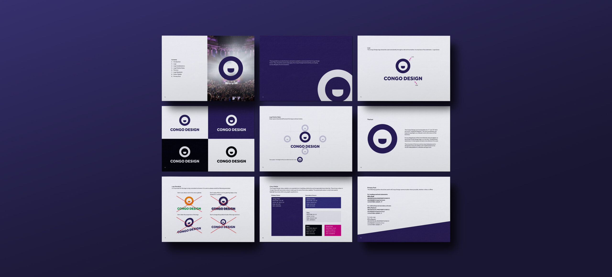 The Congo Design brand style guide, open on a spread of logo and colour rules