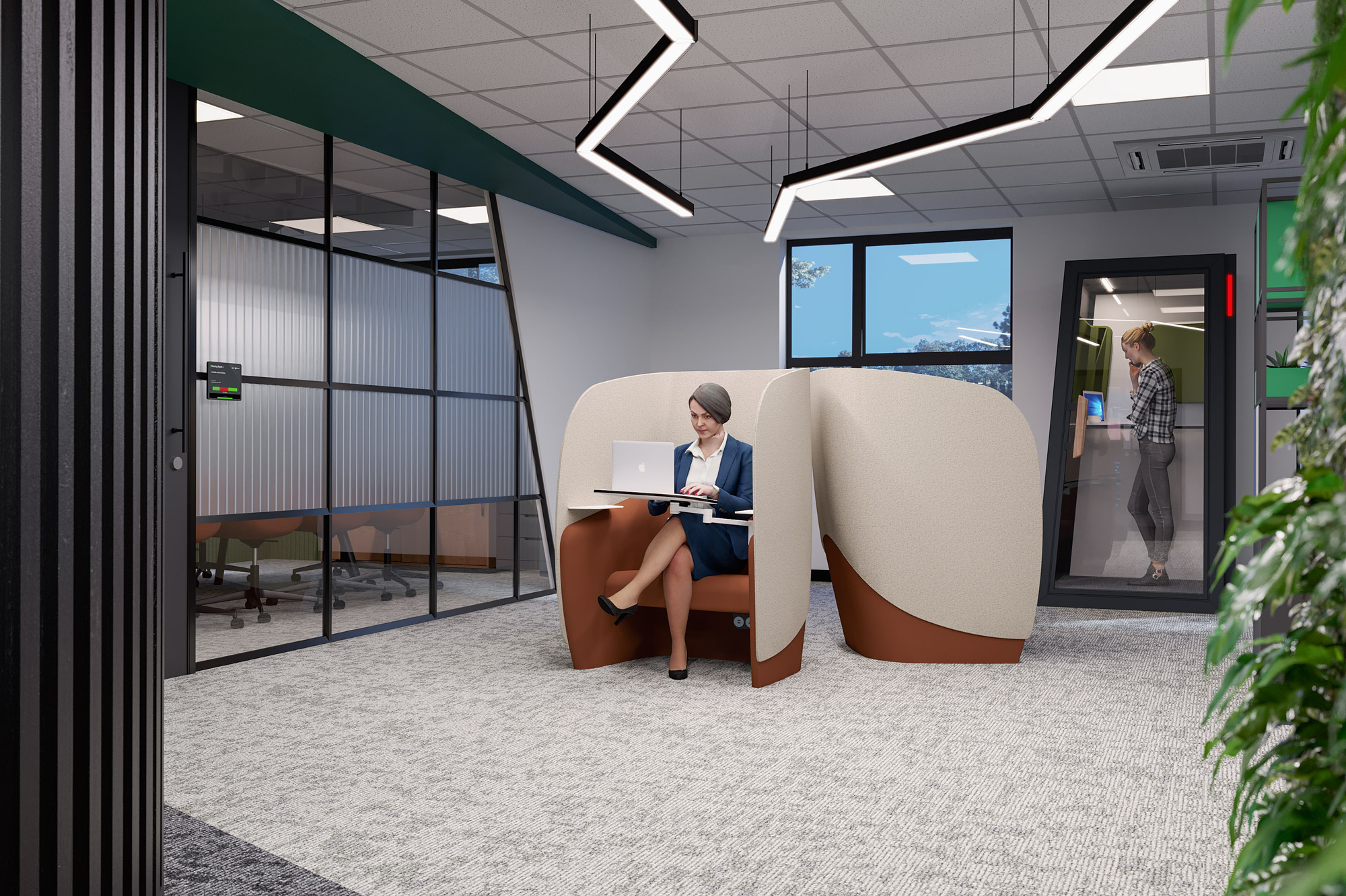 Modern office design with private breakout pods next to a cripple glazed meeting room with feature lighting