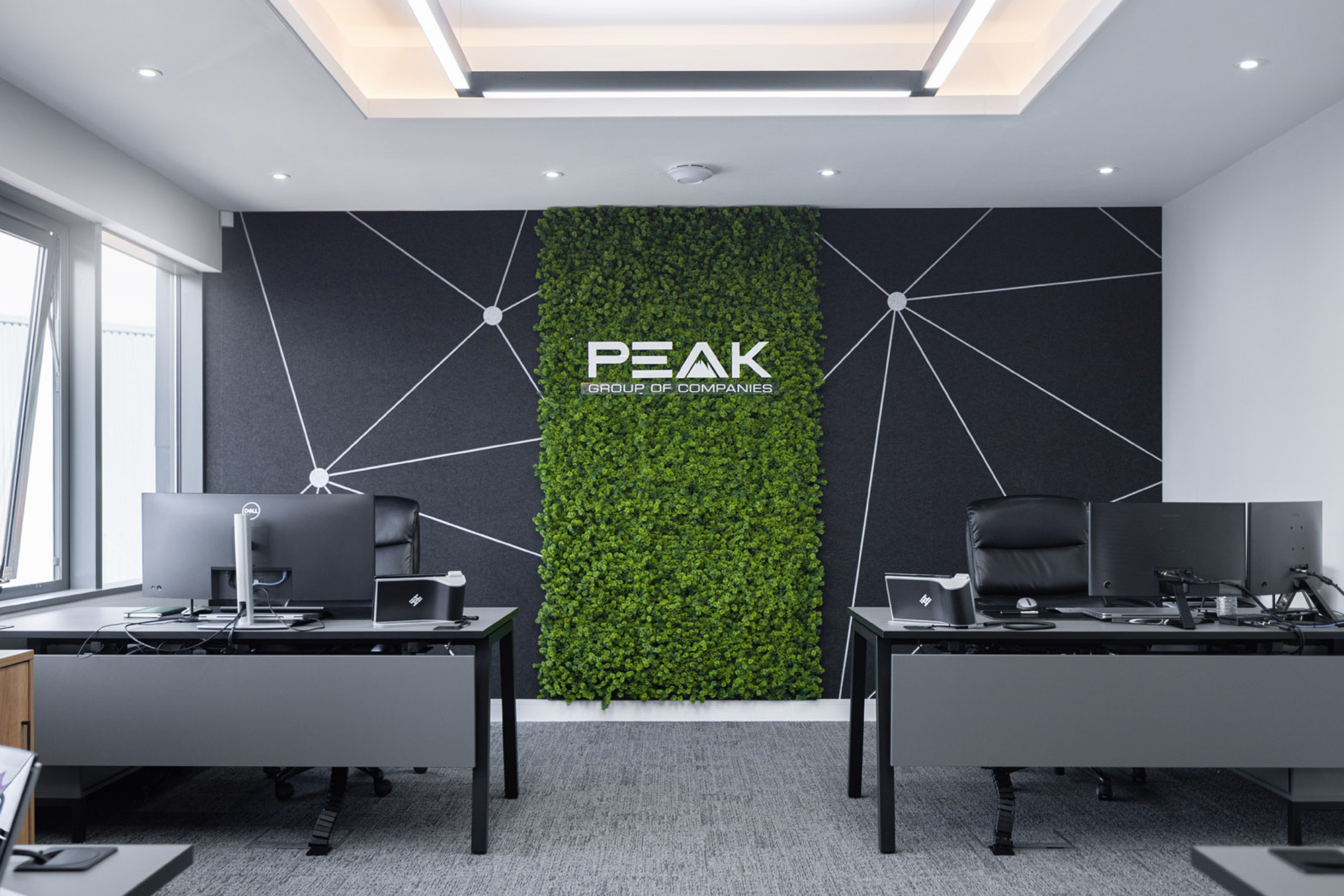 Peak Group directors desks with acoustic panels and moss wall