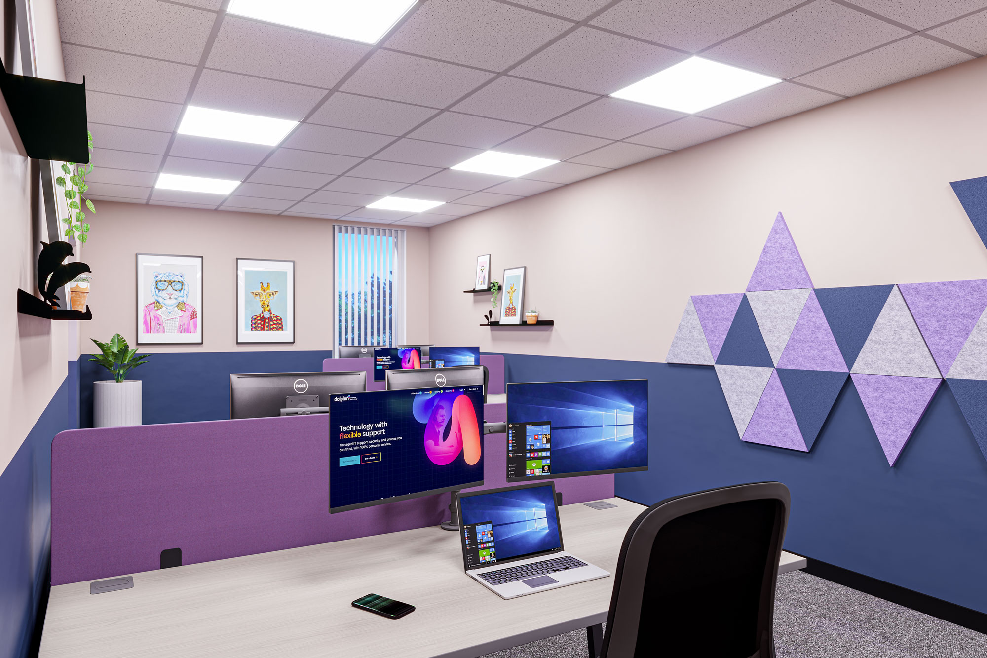 A London office with purple branding, acoustic wall triangles and workstations