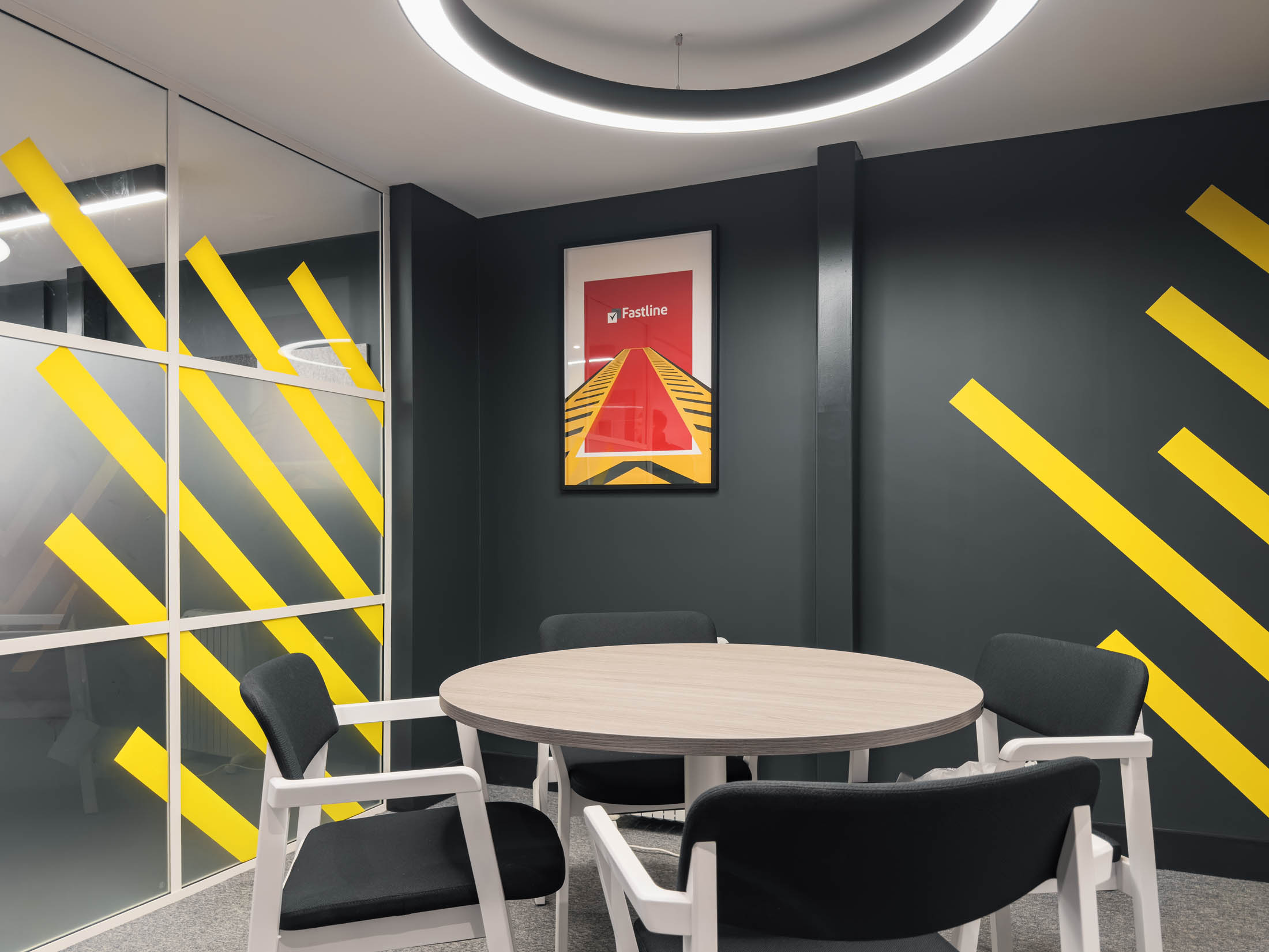 Feature lighting and panelling detail in the executive box
