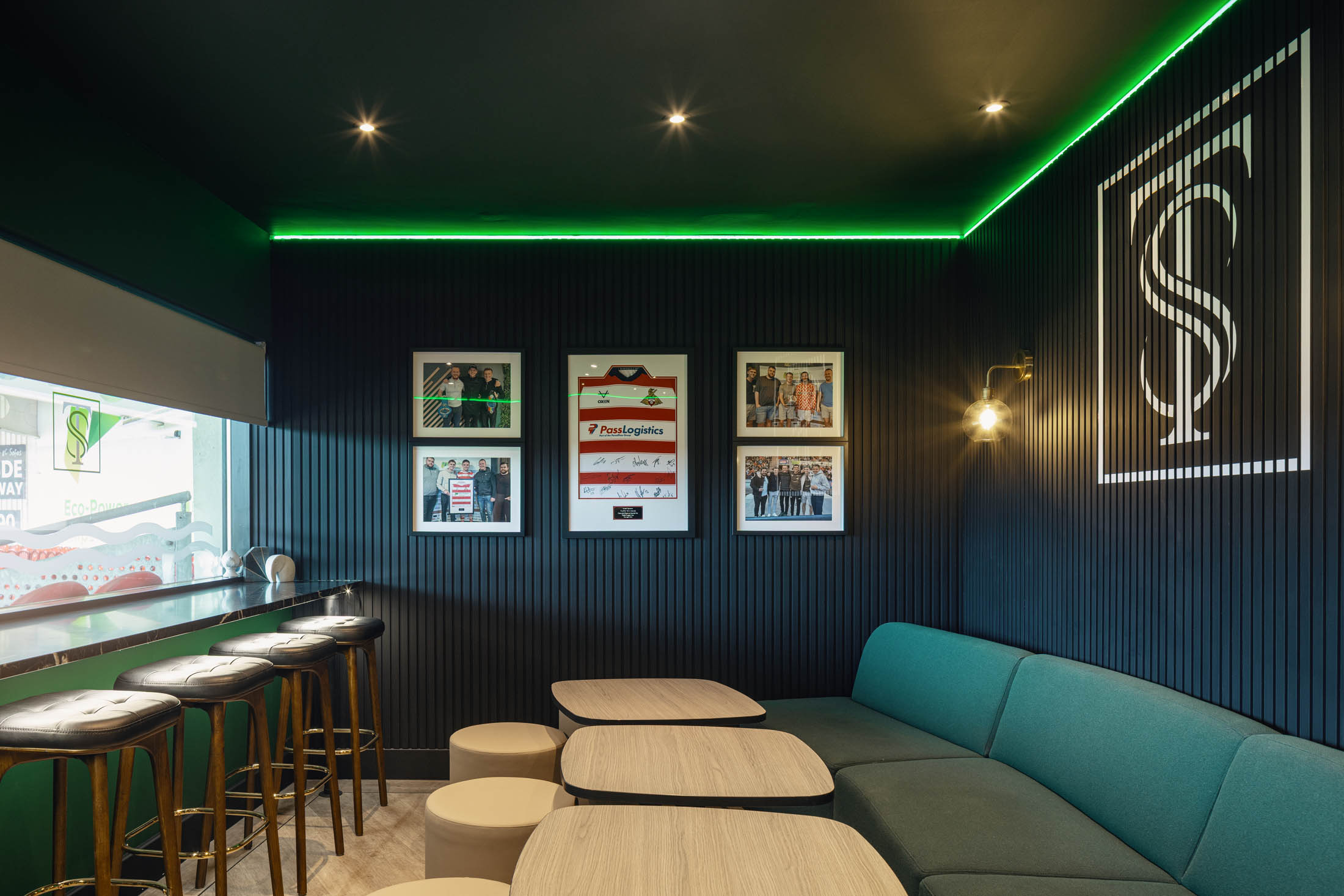 Feature lighting and panelling detail in the executive box