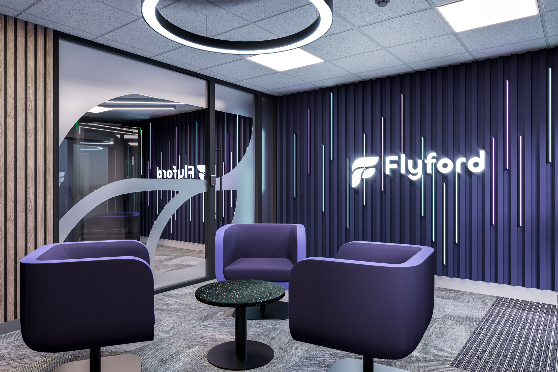 Flyford reception with backlit branding on a navy slatted wall and purple soft seating