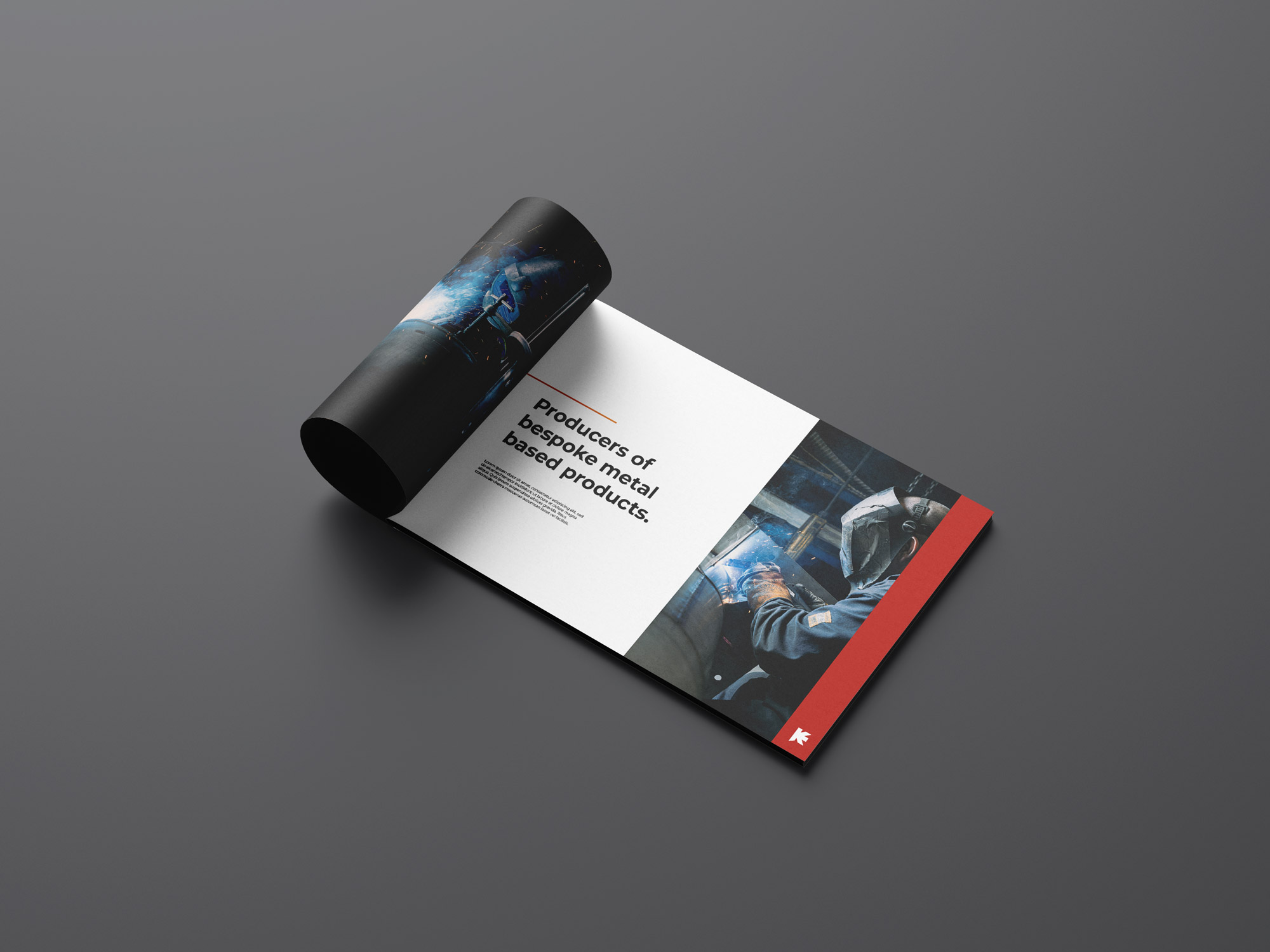 The Kirkgate Engineering brochure, open on a spread reading "Producers of bespoke metal based products"