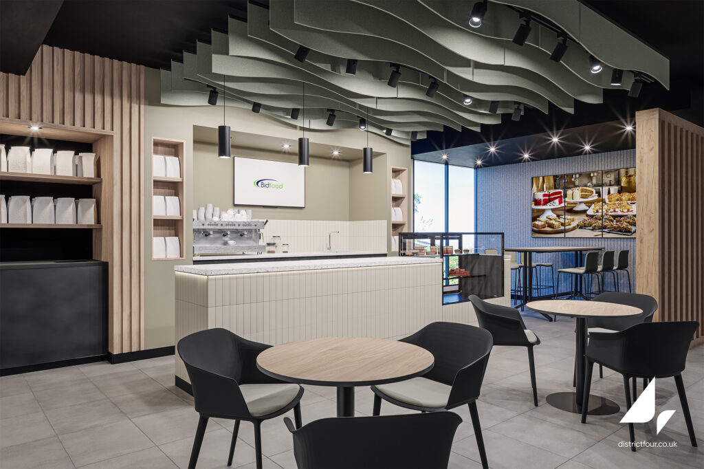 Concept visual of the Bidfood customer experience café in Tonbridge, with a pale tiled counter and wavy ceiling baffles