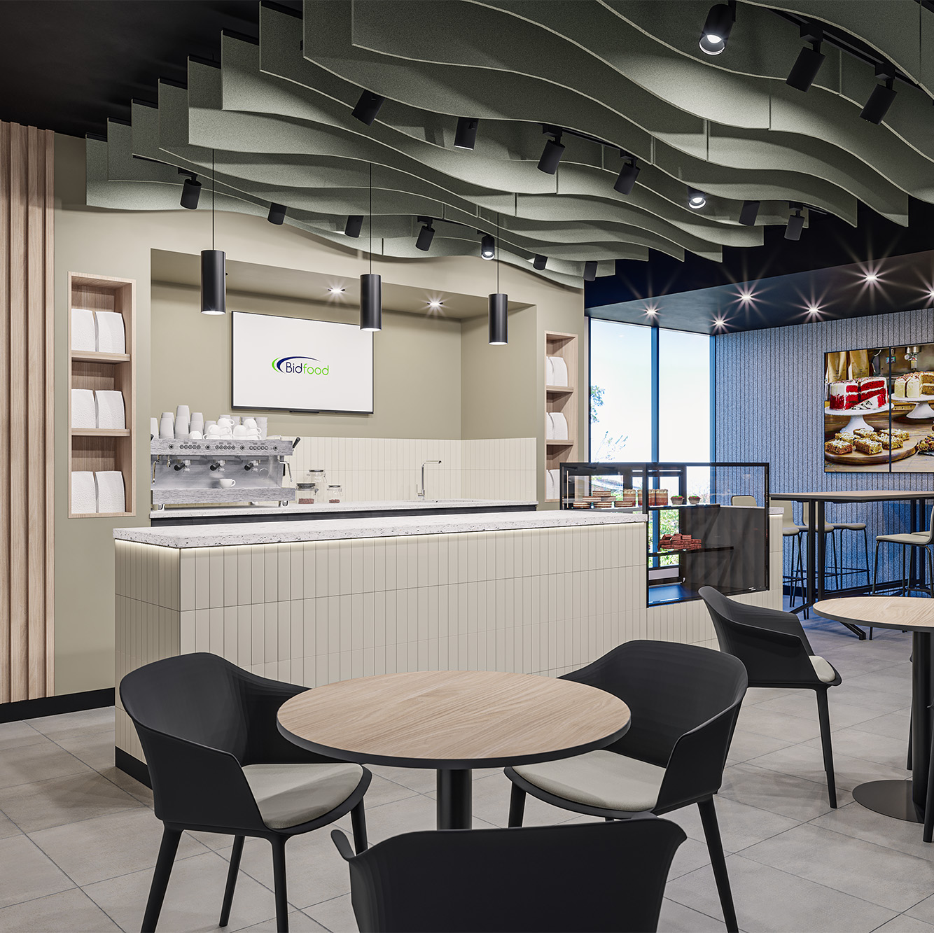 Colour-drenched interior of the refurbished executive box