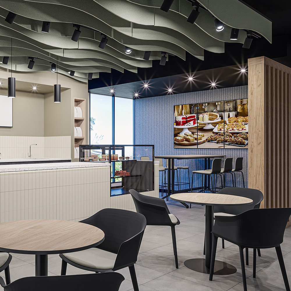 Feature lighting and panelling detail in the executive box