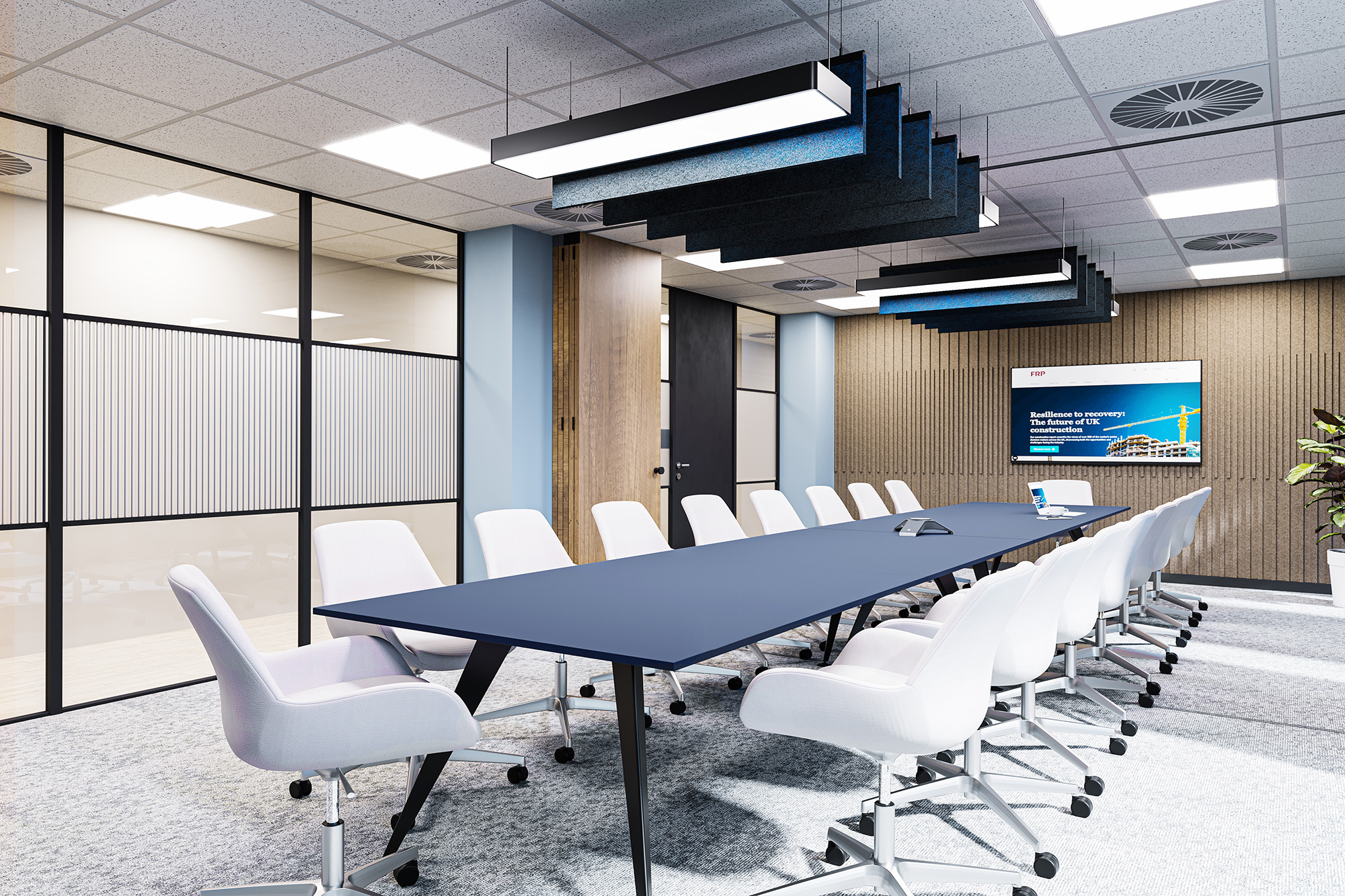 Feature lighting and panelling detail in the executive box