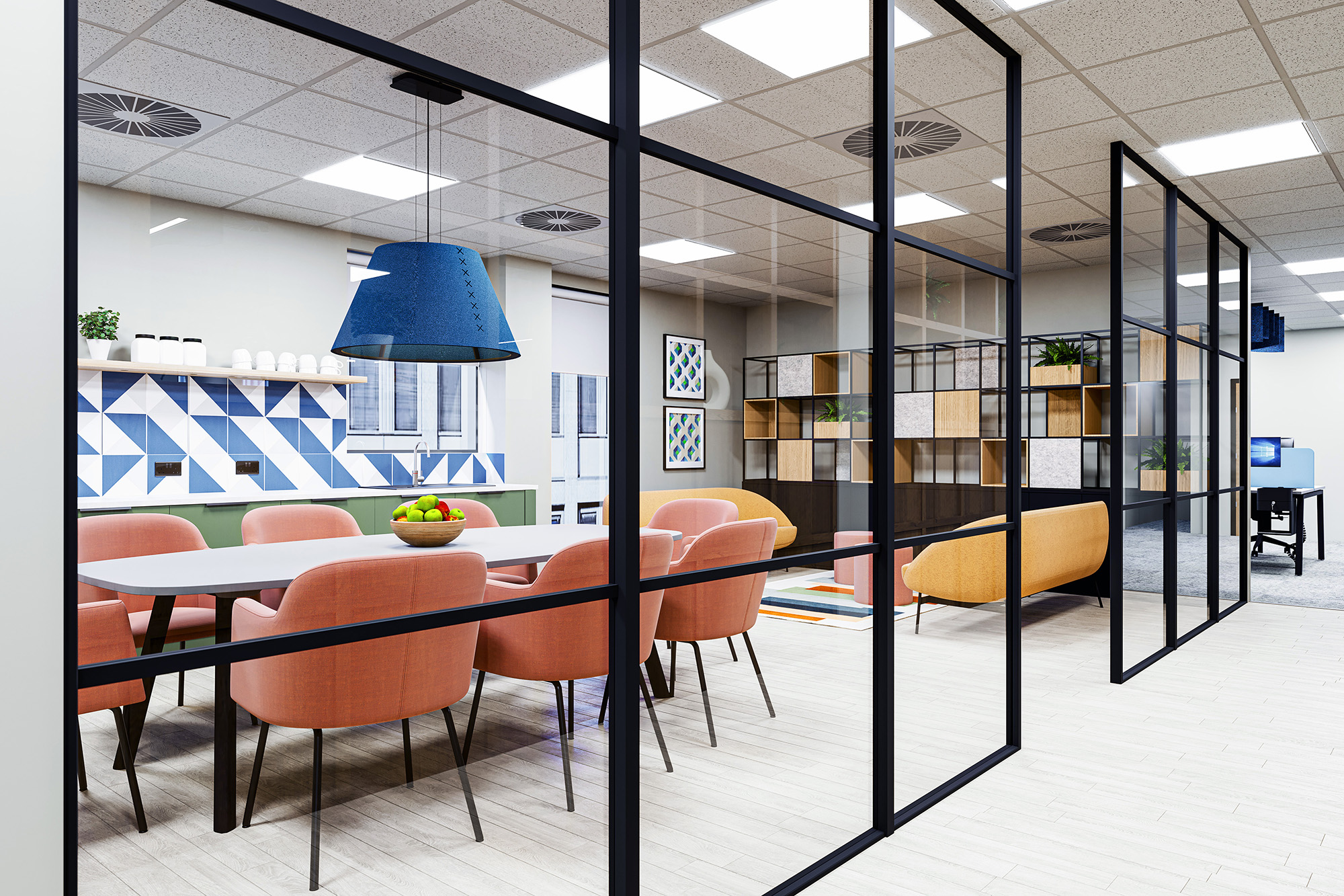 Colour-drenched interior of the refurbished executive box