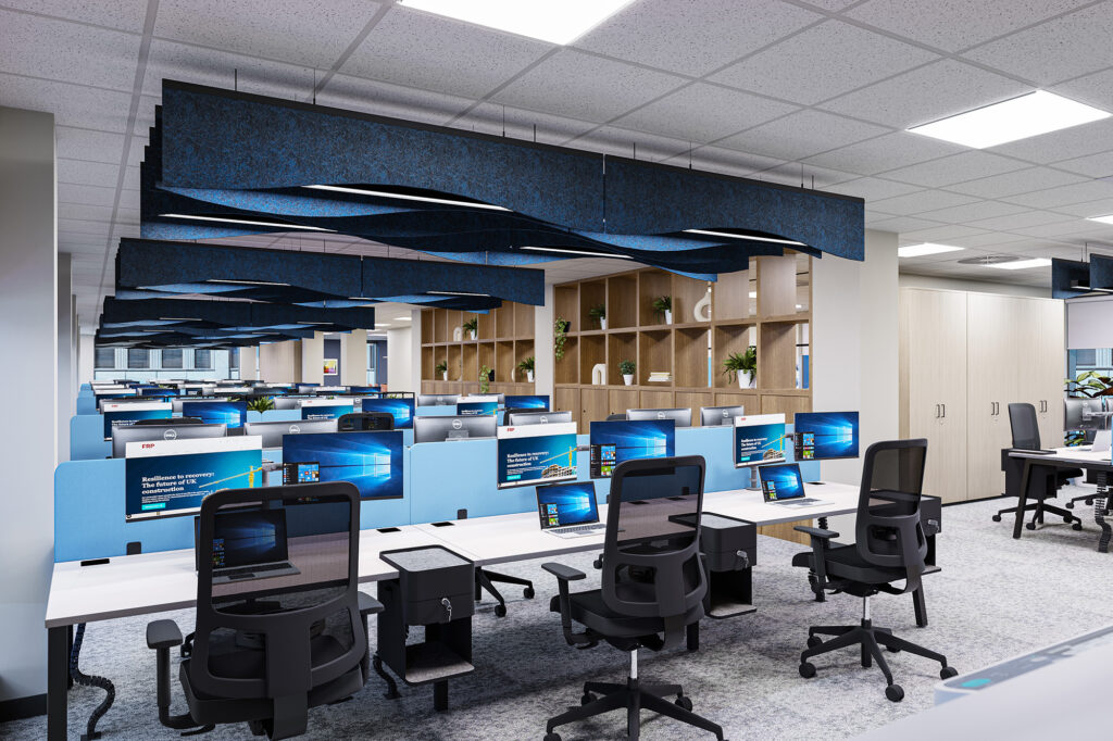 Concept visual of an open plan office for FRP, with pale blue desk screens and dark blue acoustic ceiling baffles