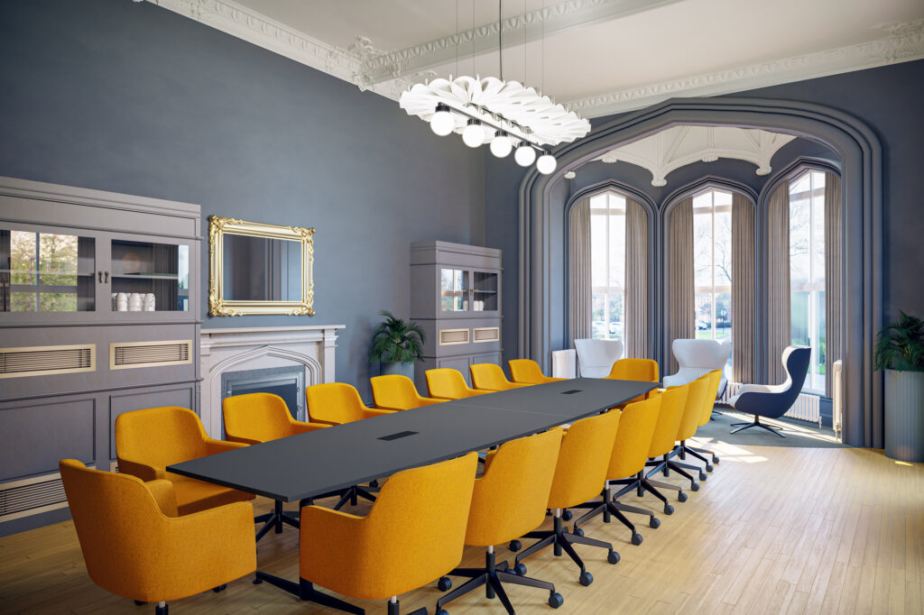 Concept visual of the Flourish Enterprises meeting room in Doncaster, with a long dark table and mustard chairs