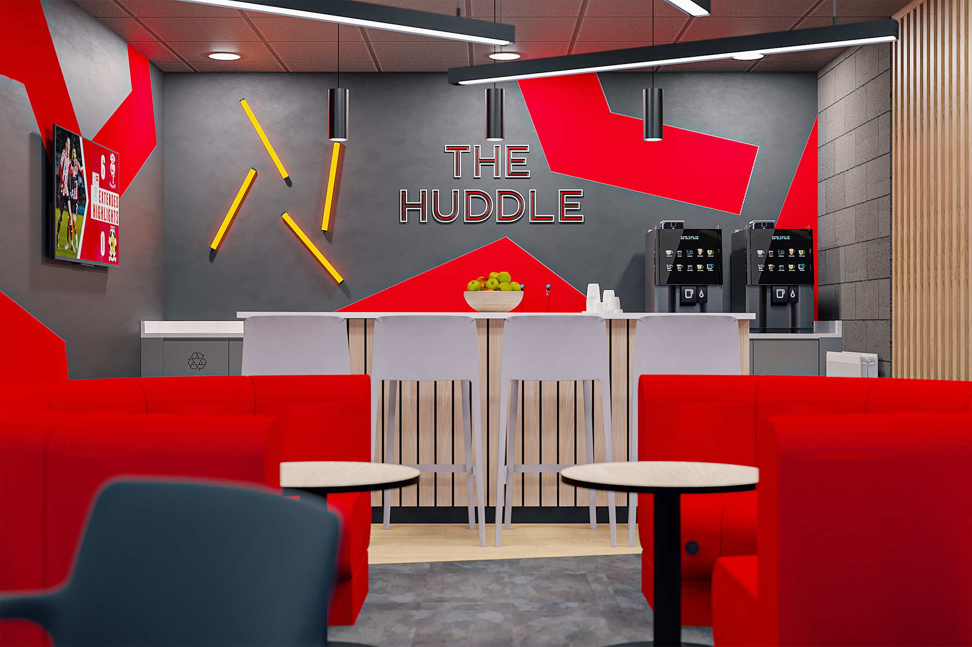 Concept visual of The Huddle for Lincoln City FC, with red sofas, a counter with stools and a grey and red feature wall