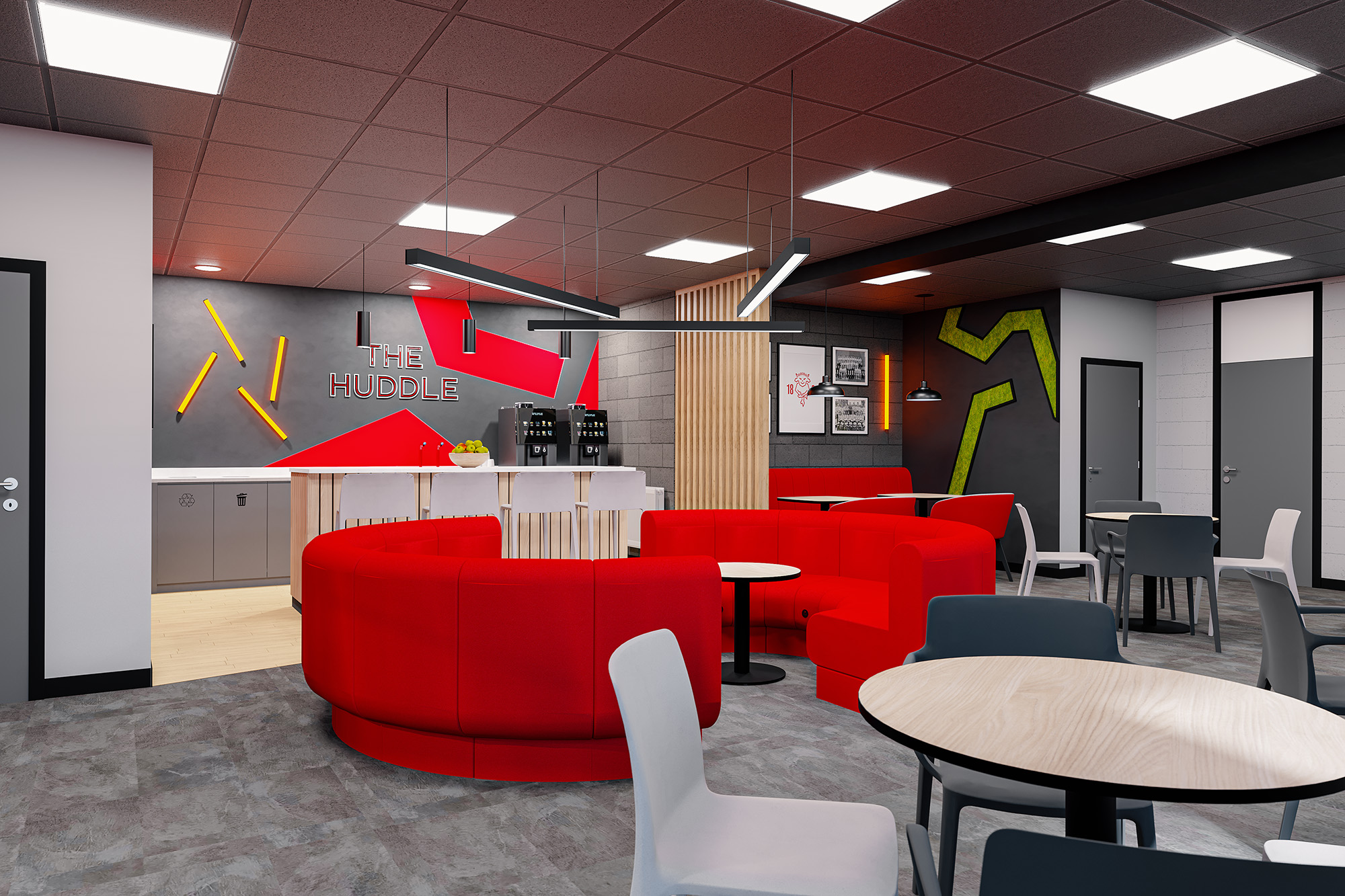3D visual of a curved red sofa, round tables and grey and white chairs in a café space with a red ceiling