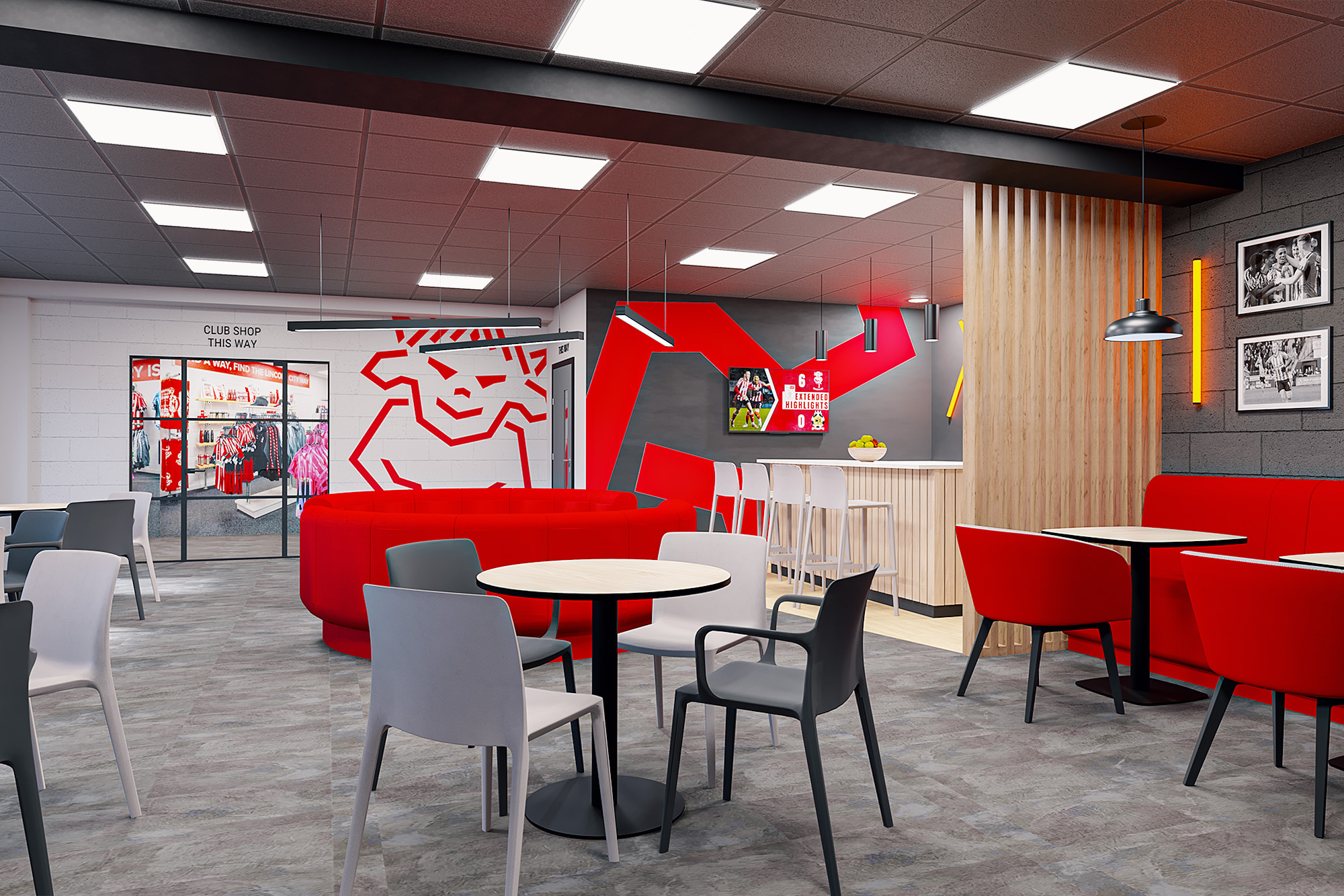 Concept visual of café tables and red seating beside a glazed club shop entrance and a red wall graphic