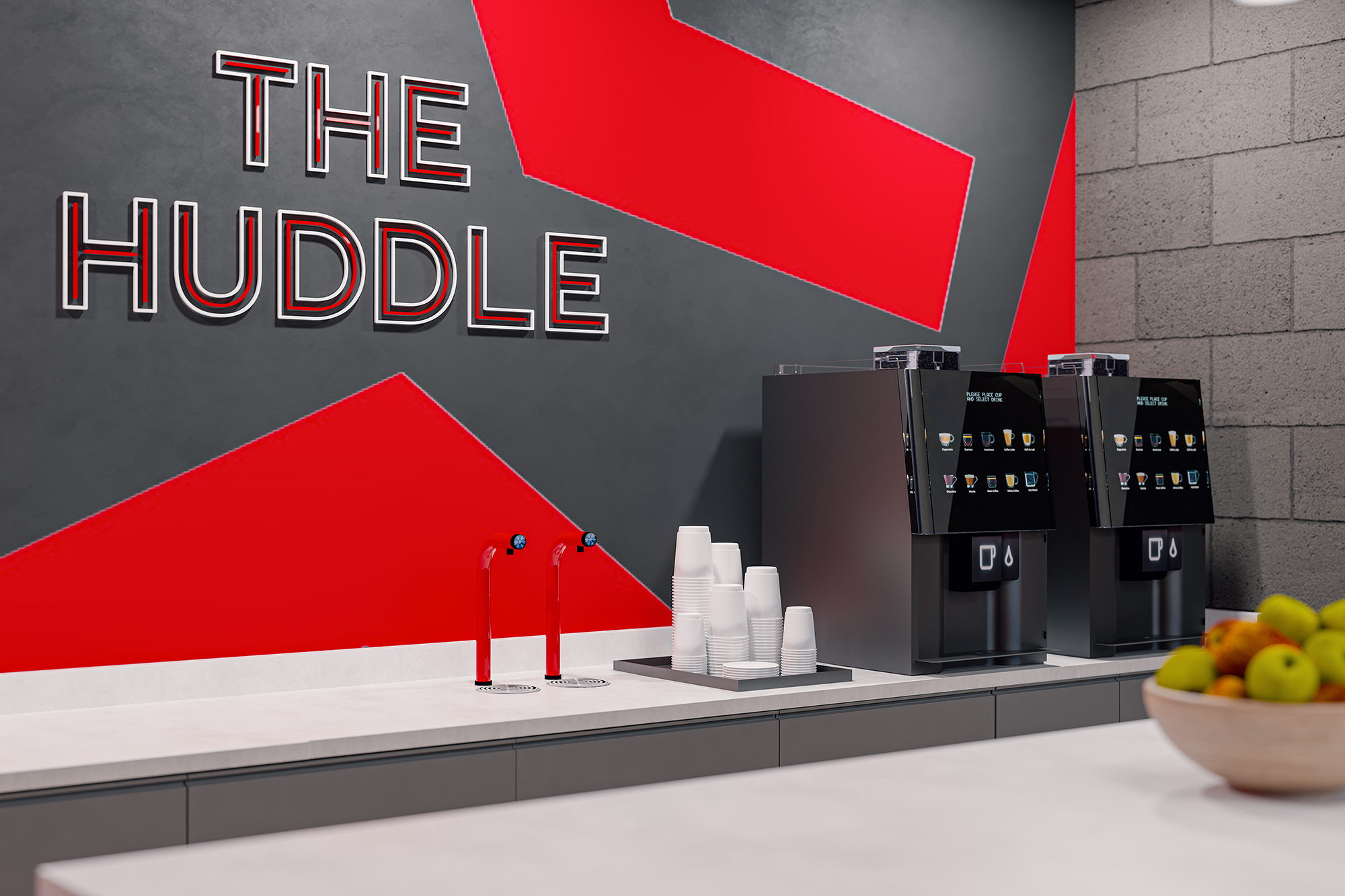 3D visual of The Huddle lettering on a grey and red wall above two coffee machines, paper cups and a bowl of fruit