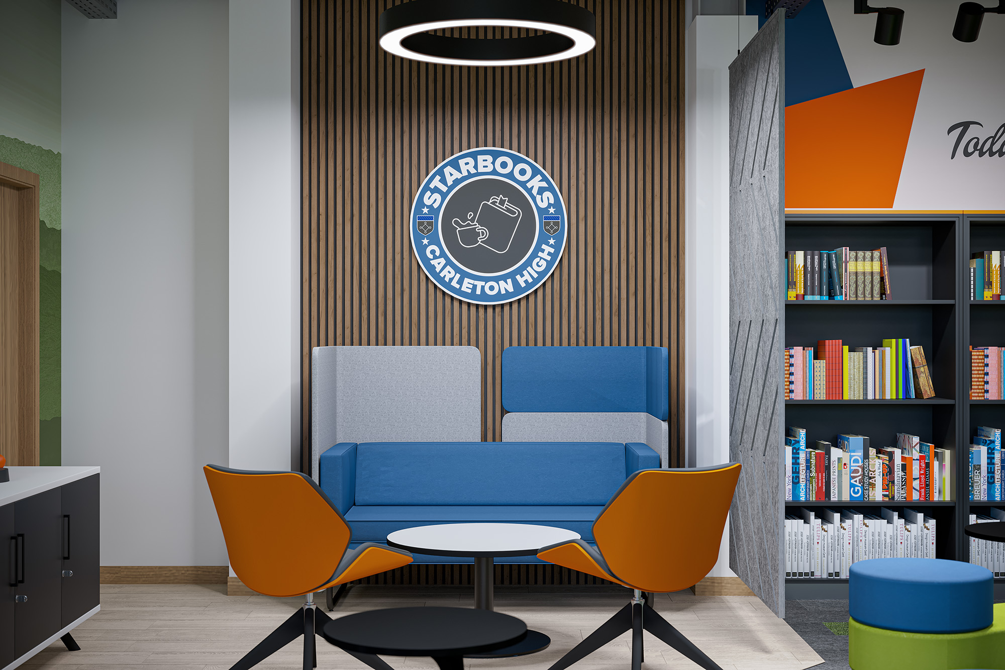3D visual of a Starbooks Carleton High sign on a timber slat wall above a blue sofa and two orange chairs