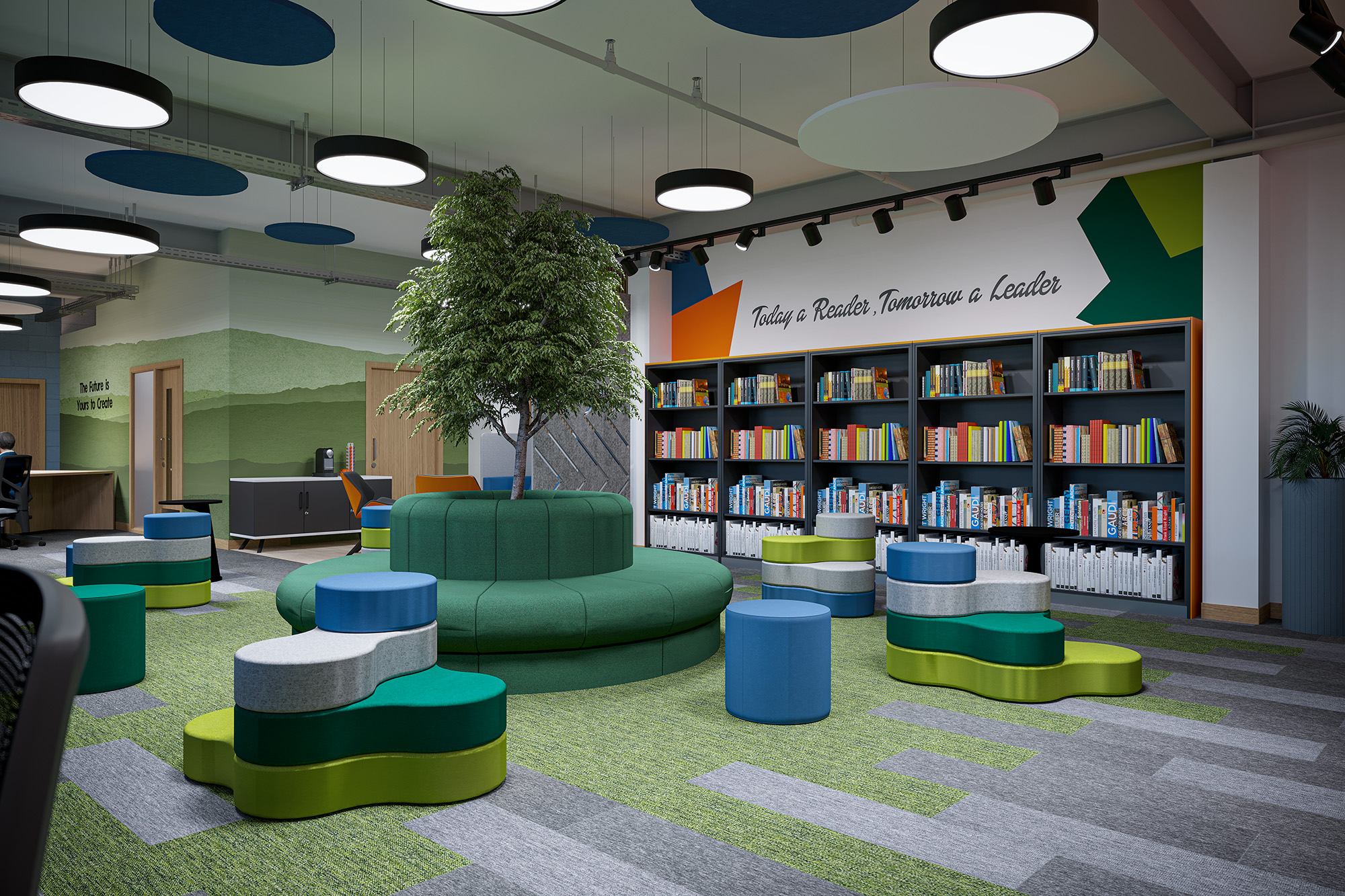 Concept visual of the Carleton High library in Pontefract, with green circular seating around a tree and bookshelves
