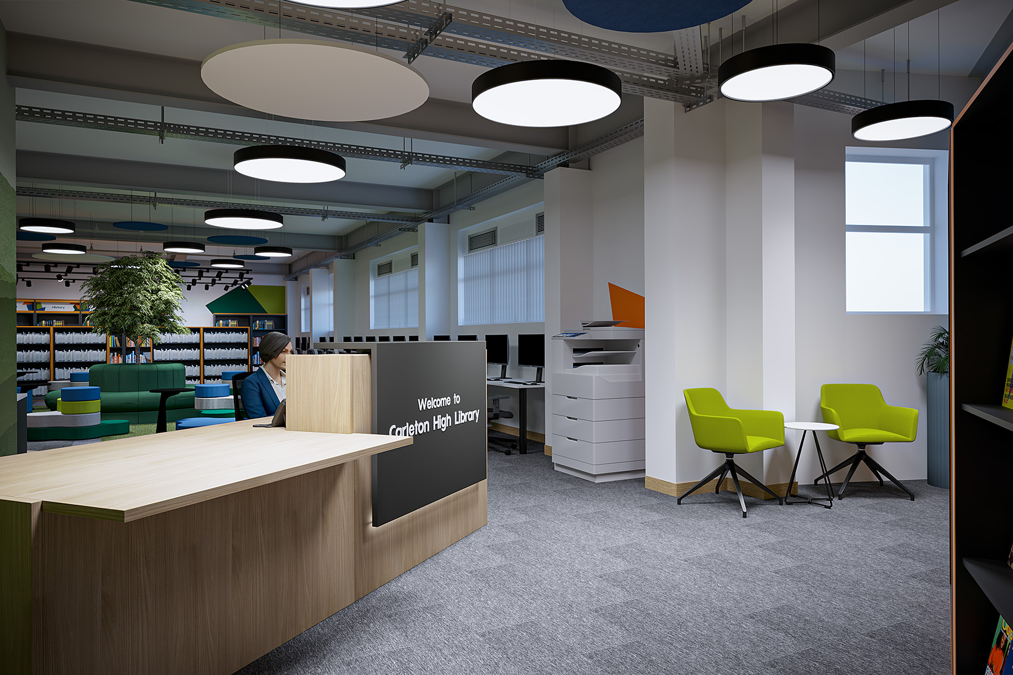 Concept visual of a timber library welcome desk reading Welcome to Carleton High Library, with lime green chairs