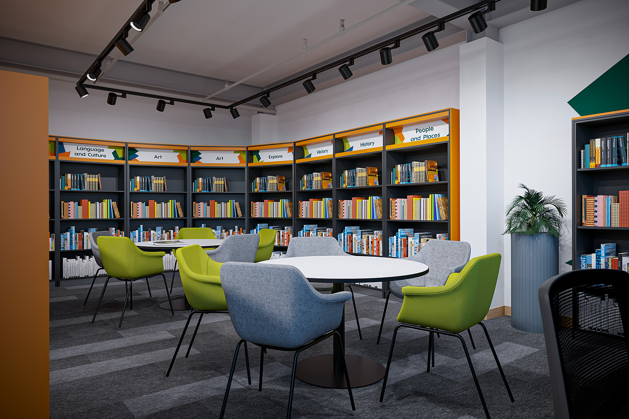 Concept visual of a round study table with lime and grey chairs in front of curved bookshelves with subject signs