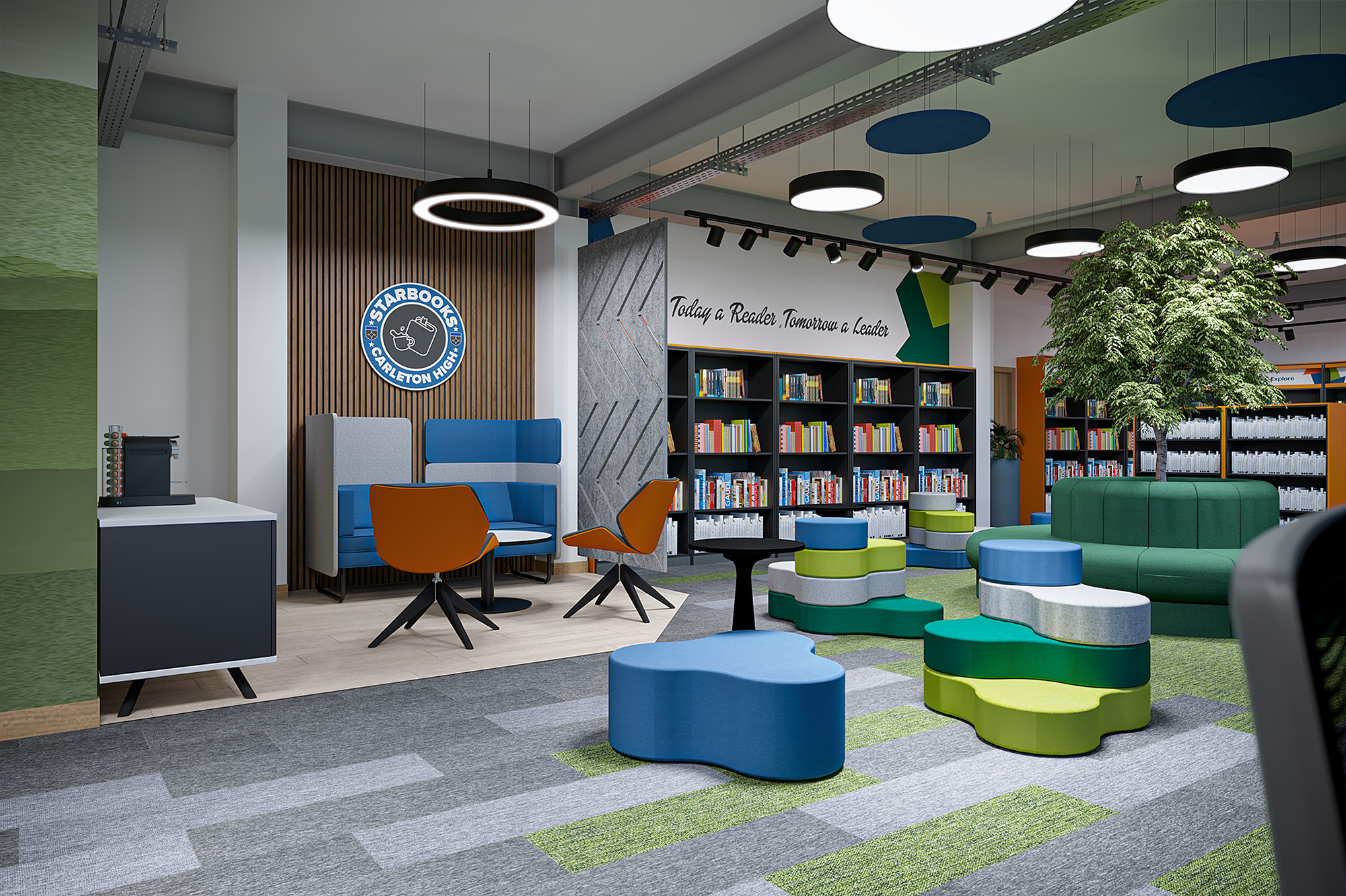 3D visual of a library reading corner with a Starbooks sign, blue high-back sofa, orange chairs and layered stools