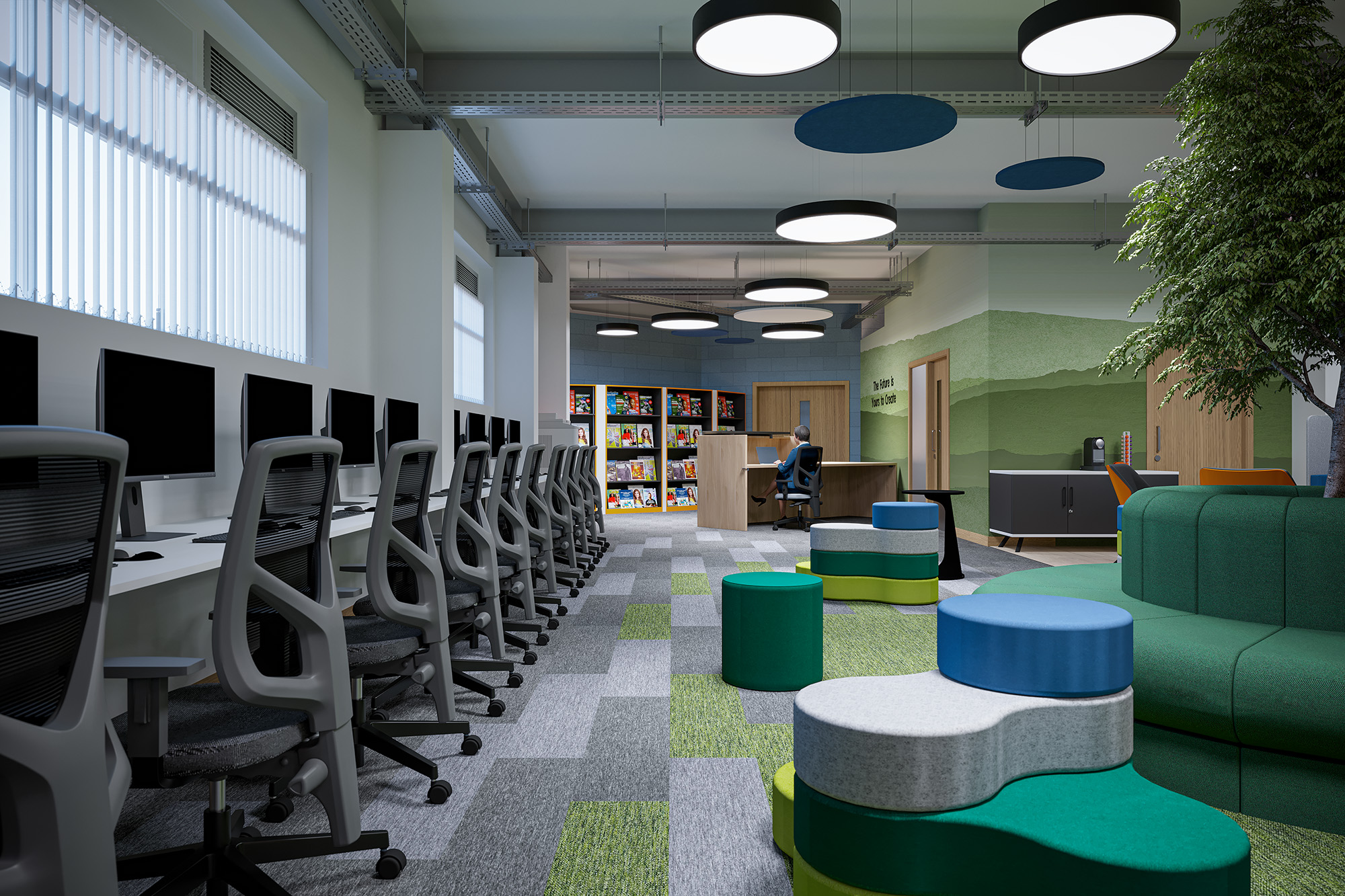 3D visual of a row of computer desks along the library windows, with green and blue layered stools alongside