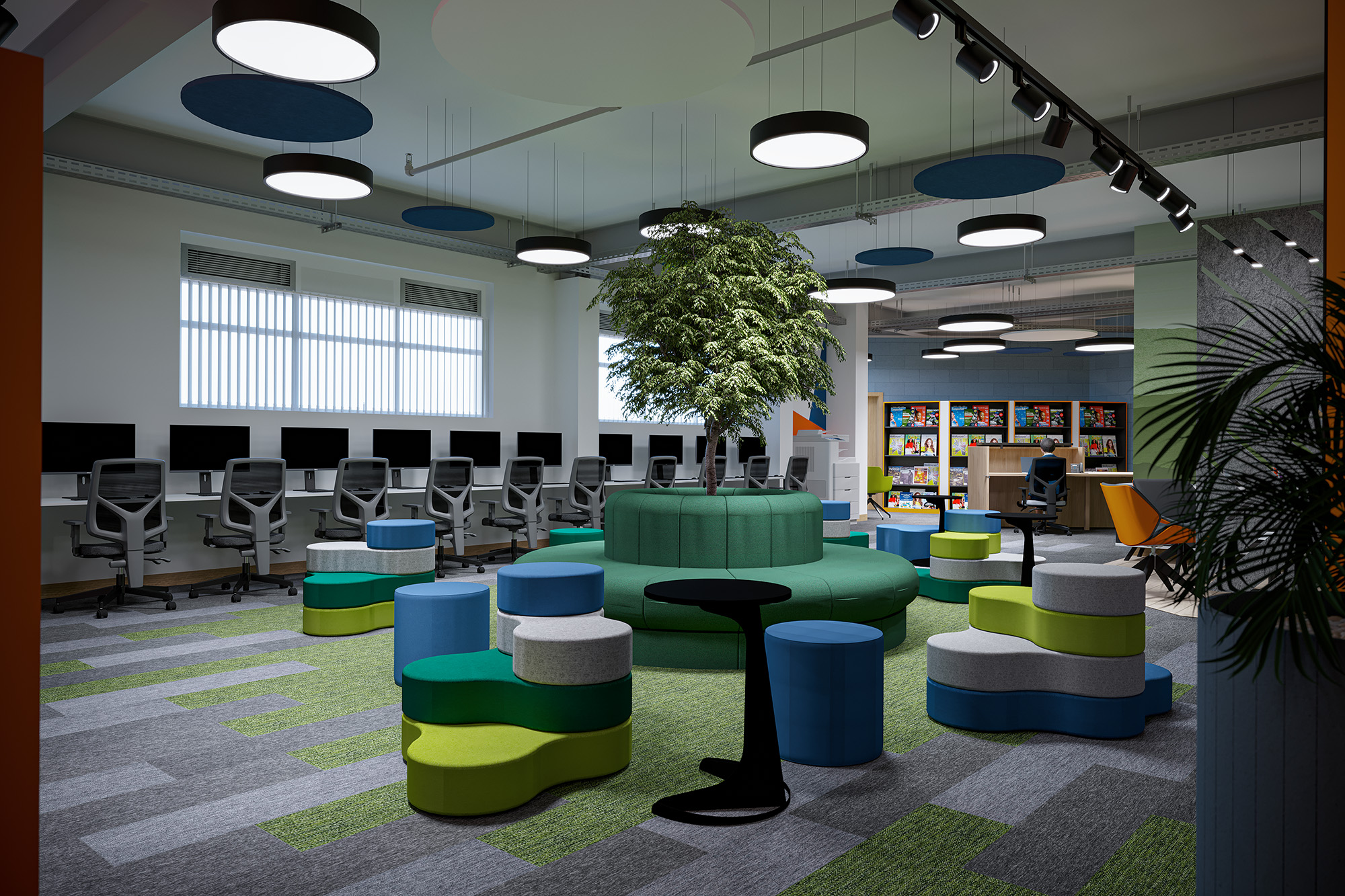 Concept visual of the library centre with a tree in round green seating, coloured stools and computers by the windows