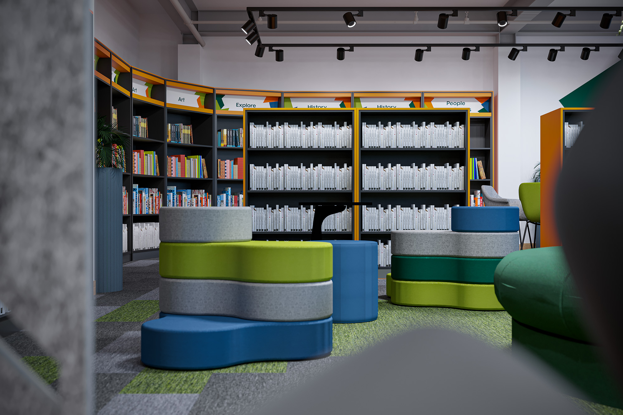 3D visual of stacked curved stools in blue, lime and grey in front of orange-edged library bookshelves
