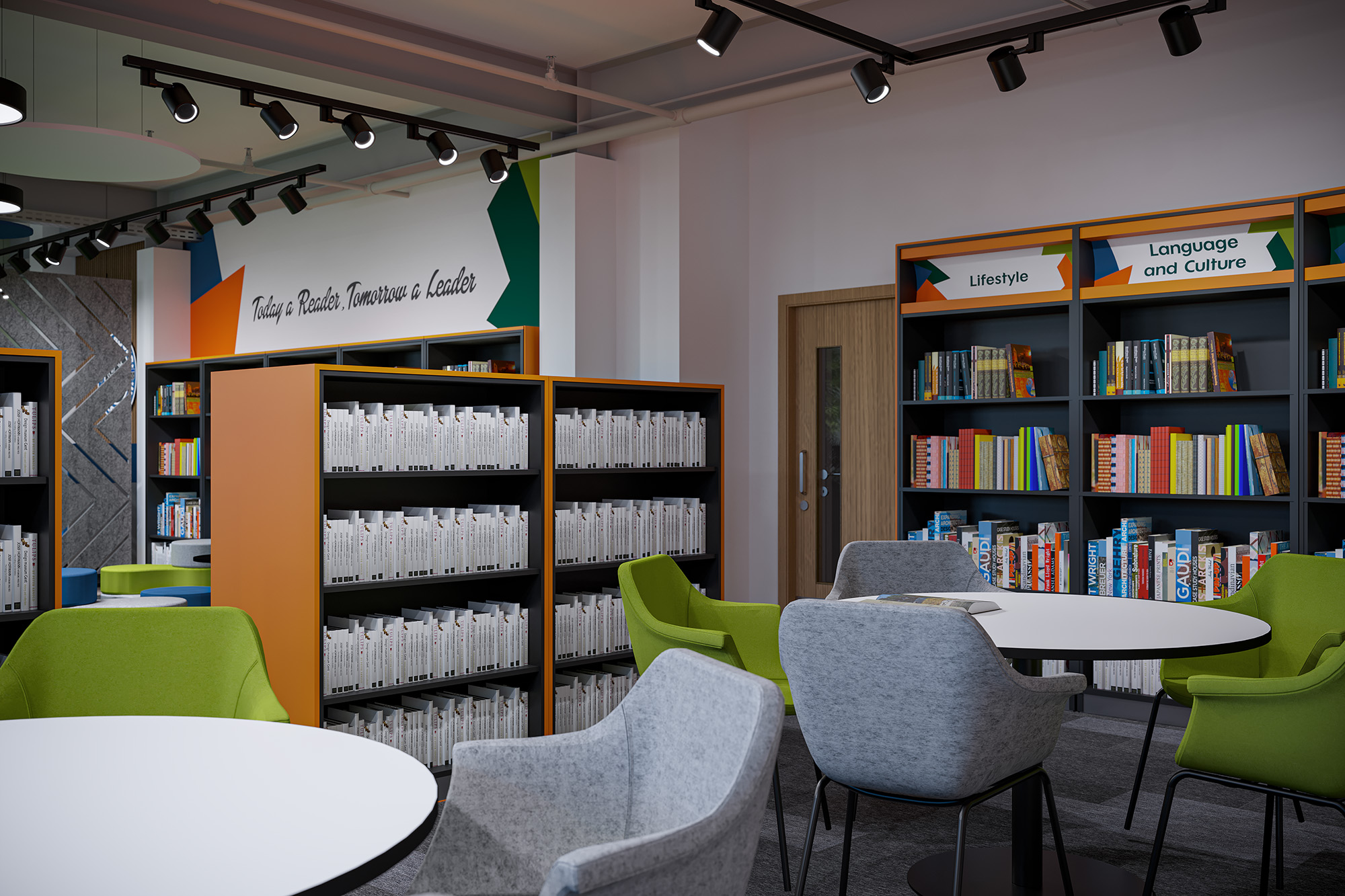 Concept visual of round reading tables with grey and lime chairs among orange-ended library bookcases